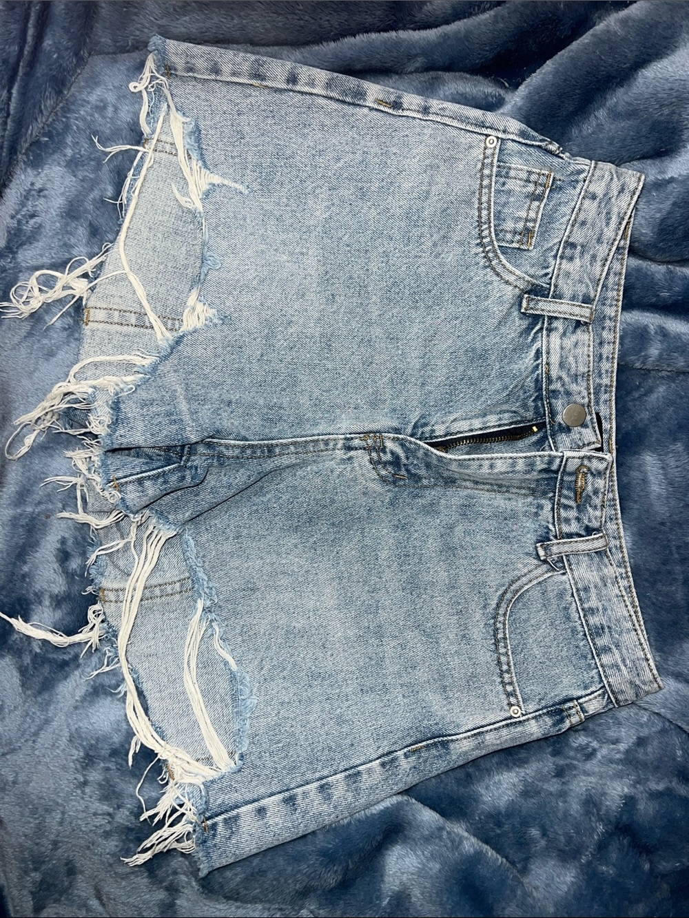 Frayed Light Blue High-Rise Denim Cutoff Shorts
